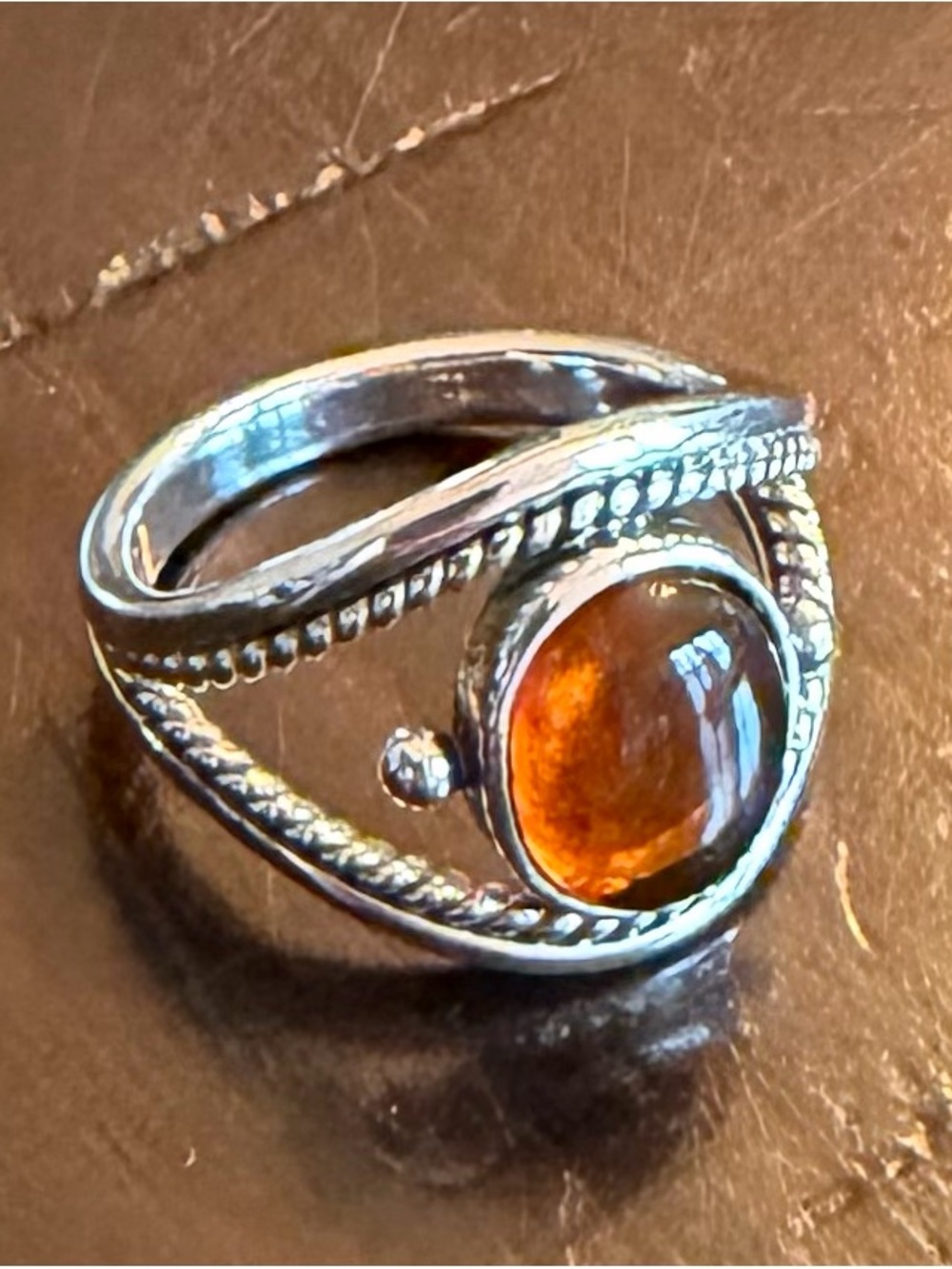 Vintage 925 Sterling Silver Amber Cabochon Bypass Ring - Size 8